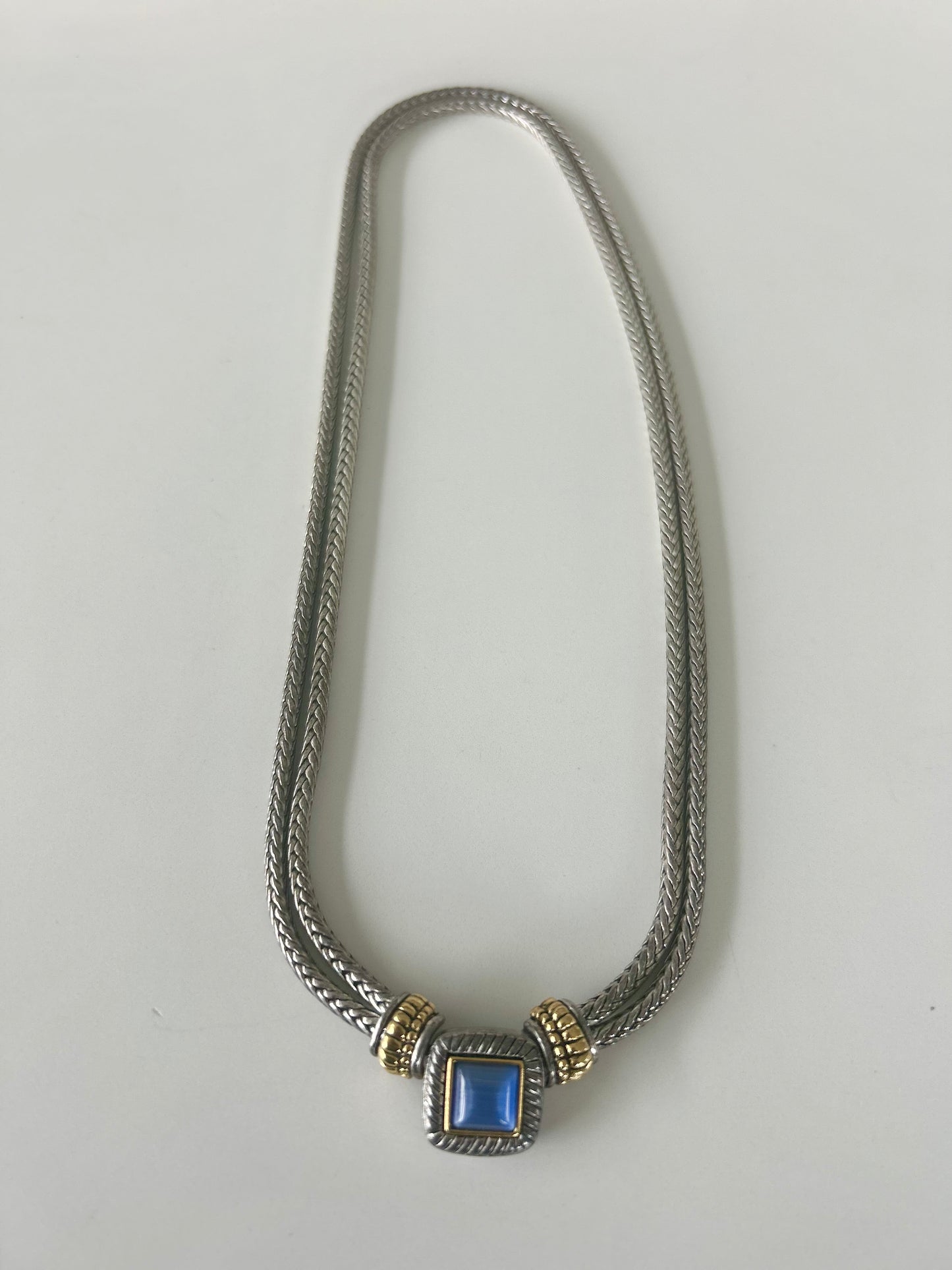 Signed Estate Silver Gold Tone Cable Chain Blue Glass Necklace