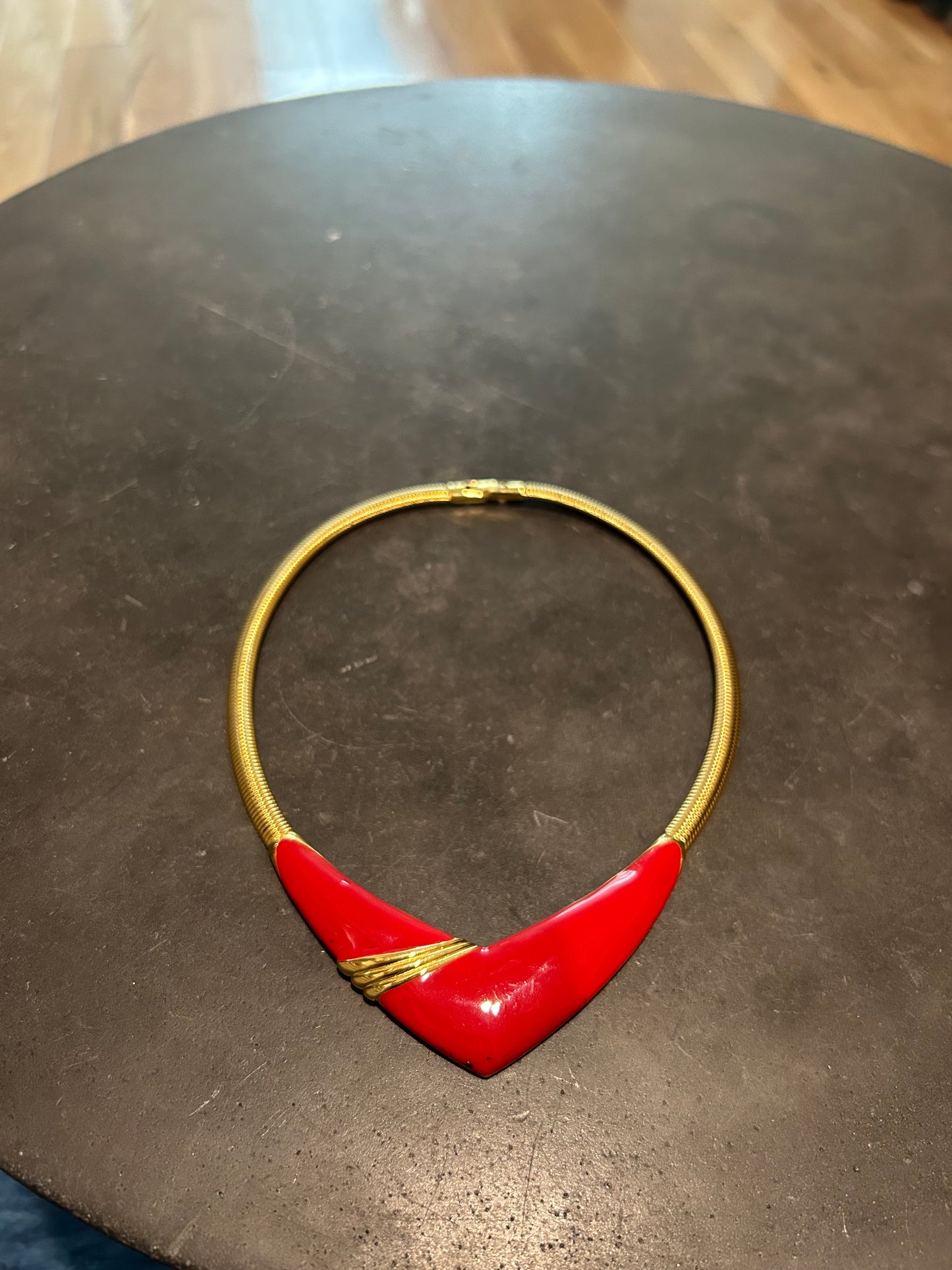 Signed Monet | Gold Tone Stretch Snake Necklace Red Enamel V Shape Front Choker