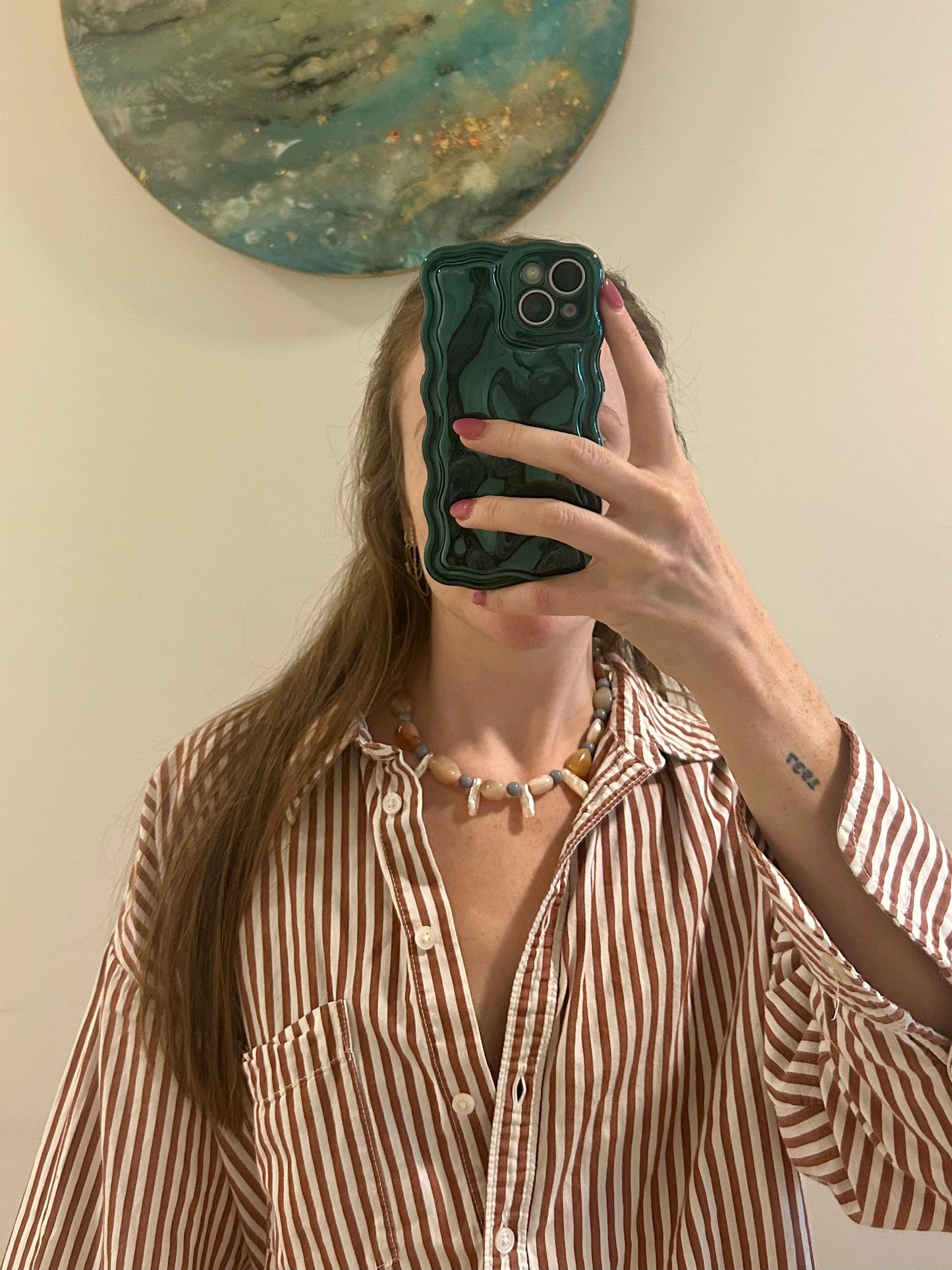 Semi-Precious Multi-Stone Polished Agate Quartz Blue Bead and Long Freshwater Pearl Necklace