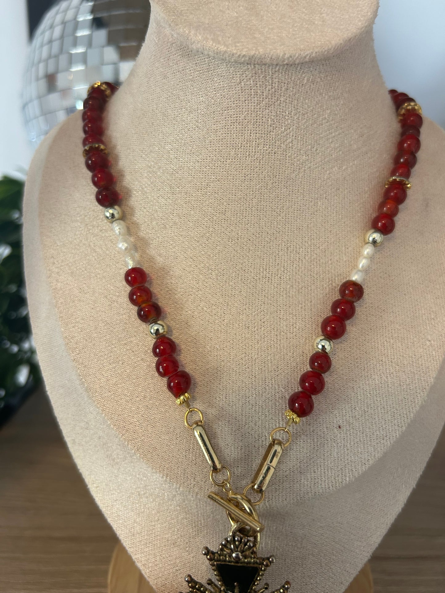Vintage Red Glass Beads and Ornate Brass Cross Necklace