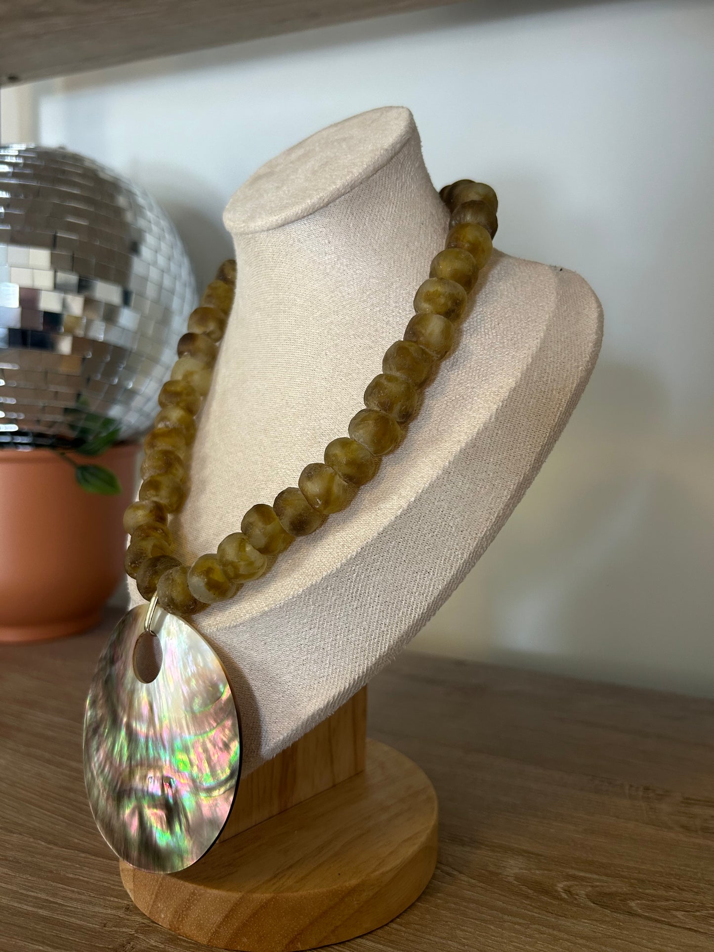 Abalone Shell Pendant and African Glass Bead Necklace