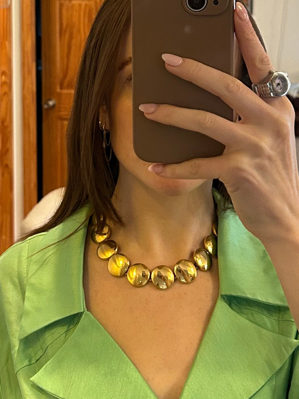 Vintage | Signed Anne Klein | Couture Round Shiny Golden Disks Statement Choker Necklace