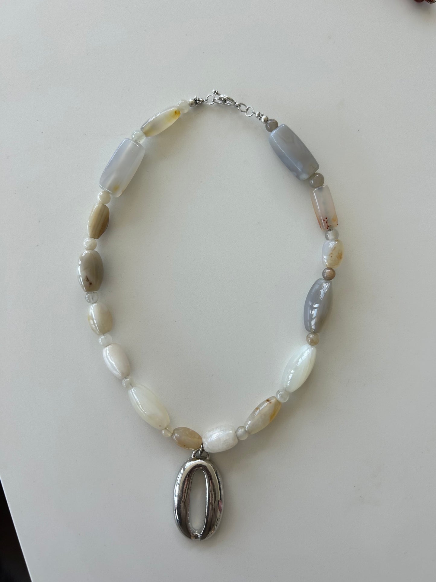 Neutral Semi Precious Agate Gemstone Silver Plated Oval Pendant Necklace