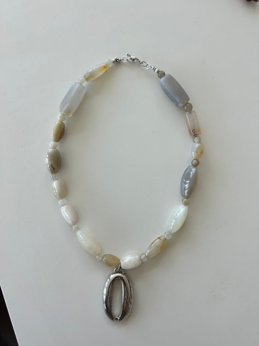 Neutral Semi Precious Agate Gemstone Silver Plated Oval Pendant Necklace