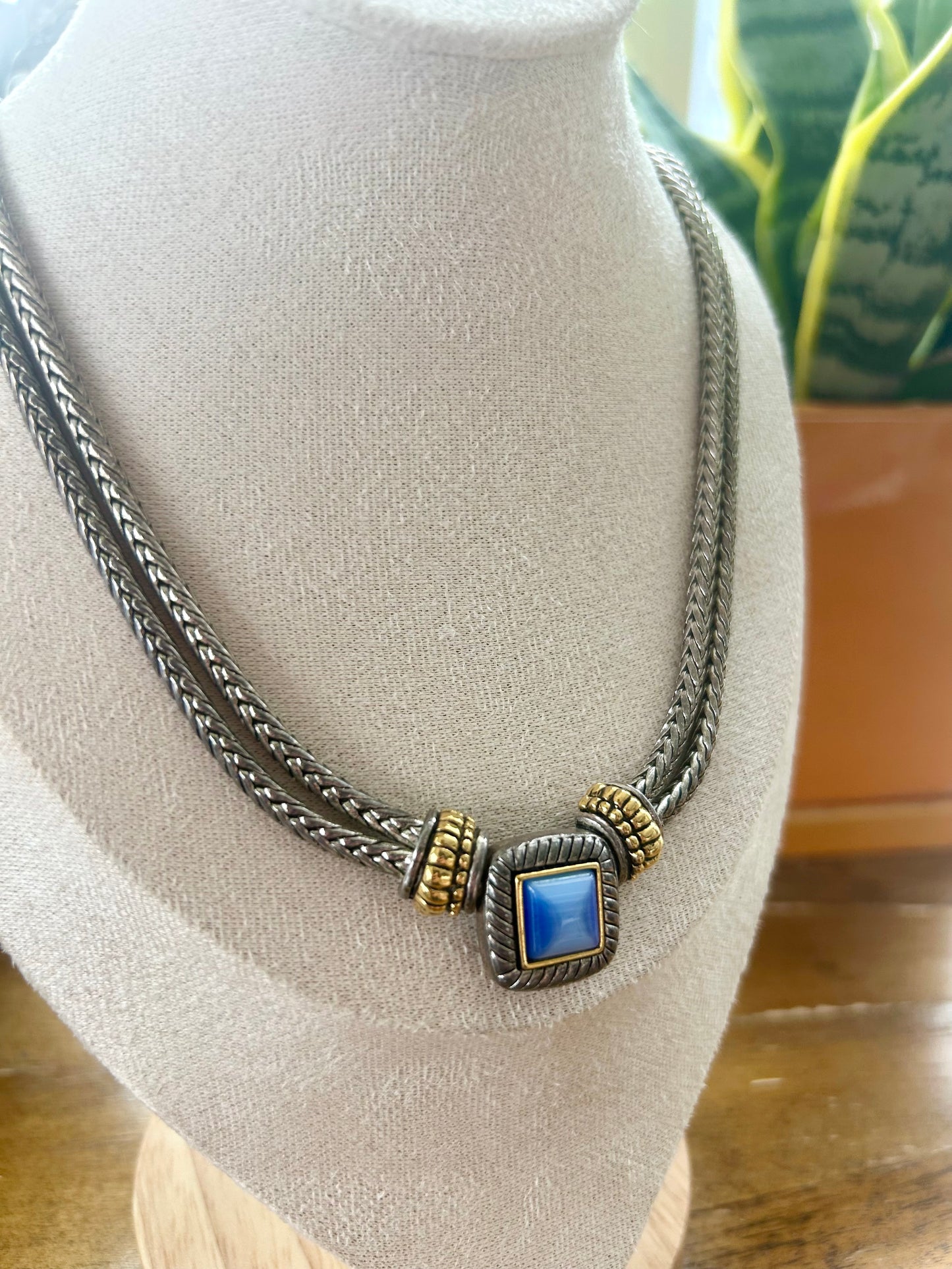 Signed Estate Silver Gold Tone Cable Chain Blue Glass Necklace