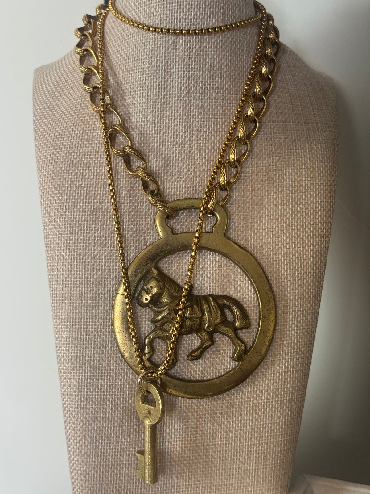 Antique Brass Horse Medallion Chain Necklace