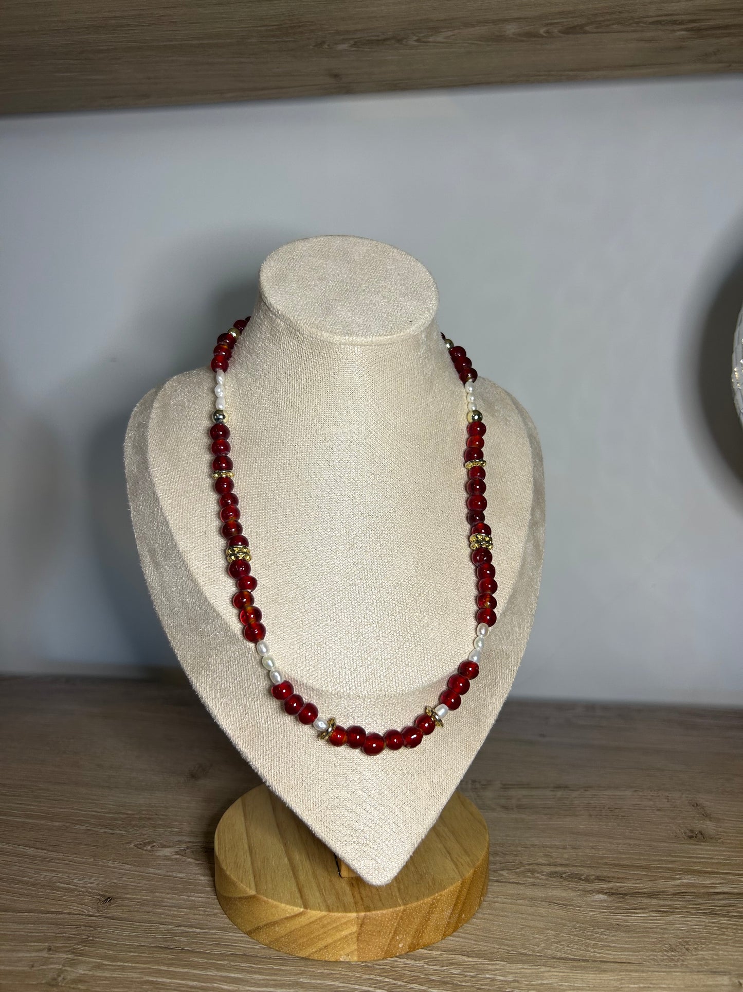 Vintage Red Glass Beads and Ornate Brass Cross Necklace
