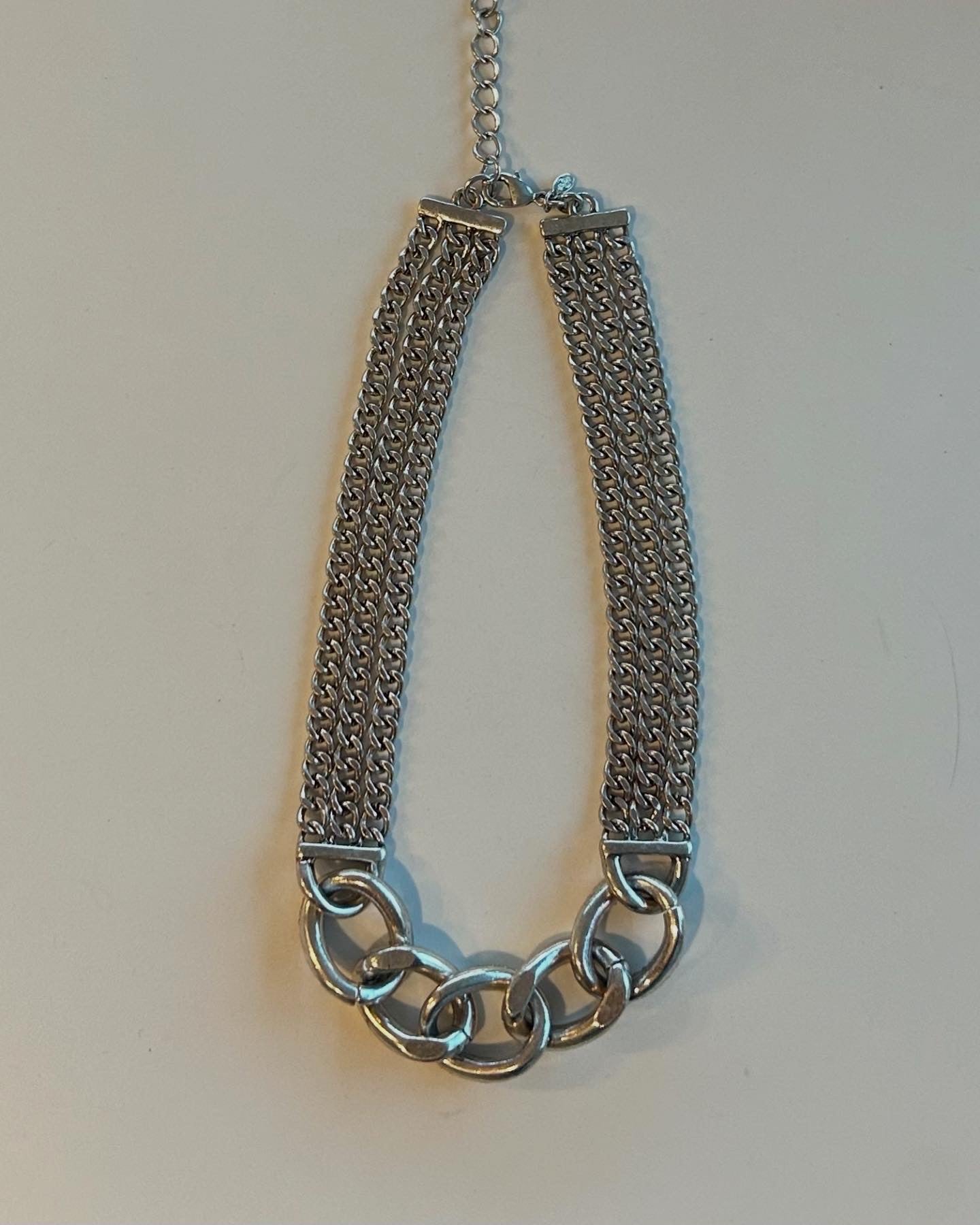 Silver Plated 5 Strand Chain Link Necklace Matte one side Gems one side