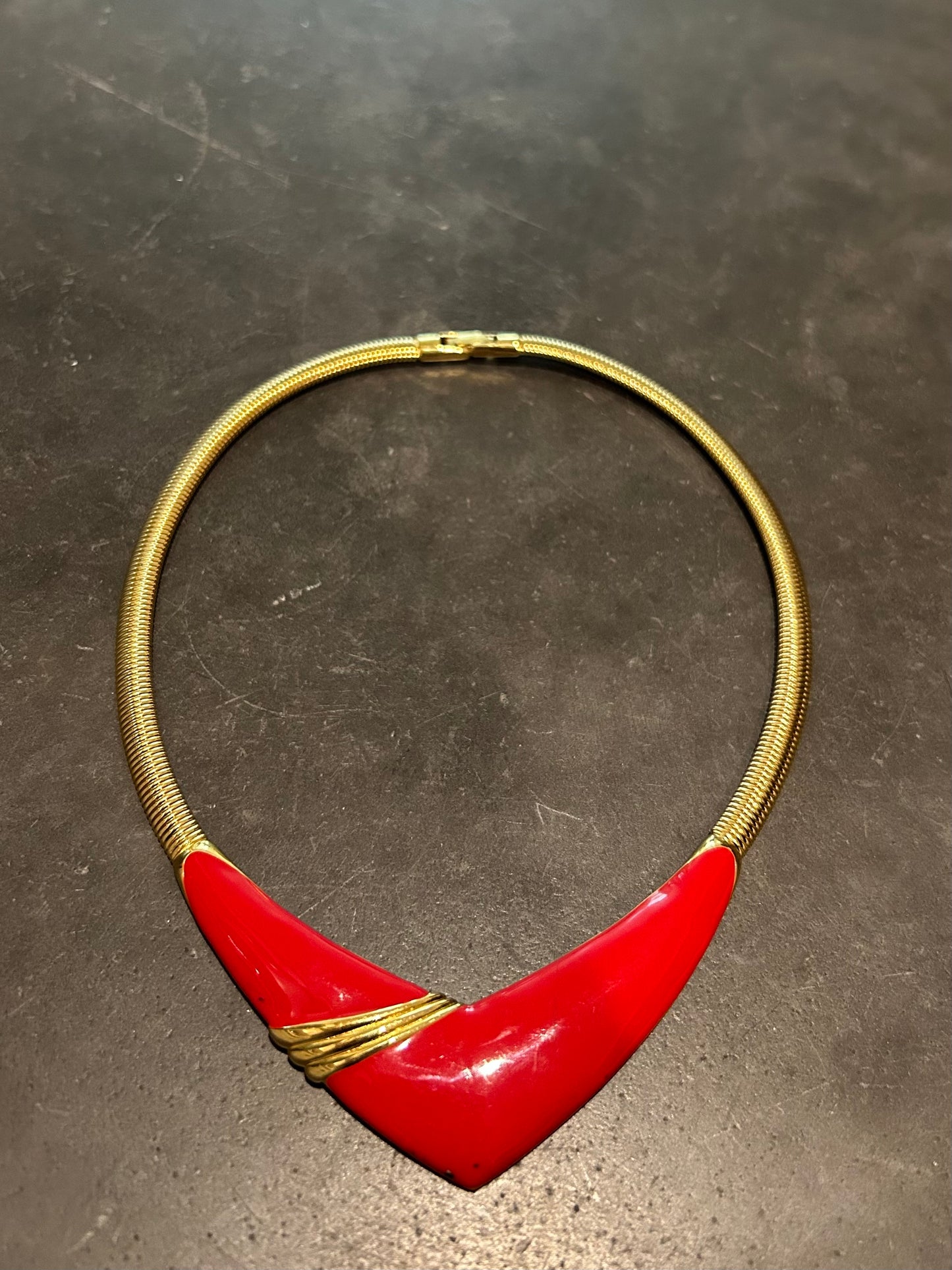 Signed Monet | Gold Tone Stretch Snake Necklace Red Enamel V Shape Front Choker