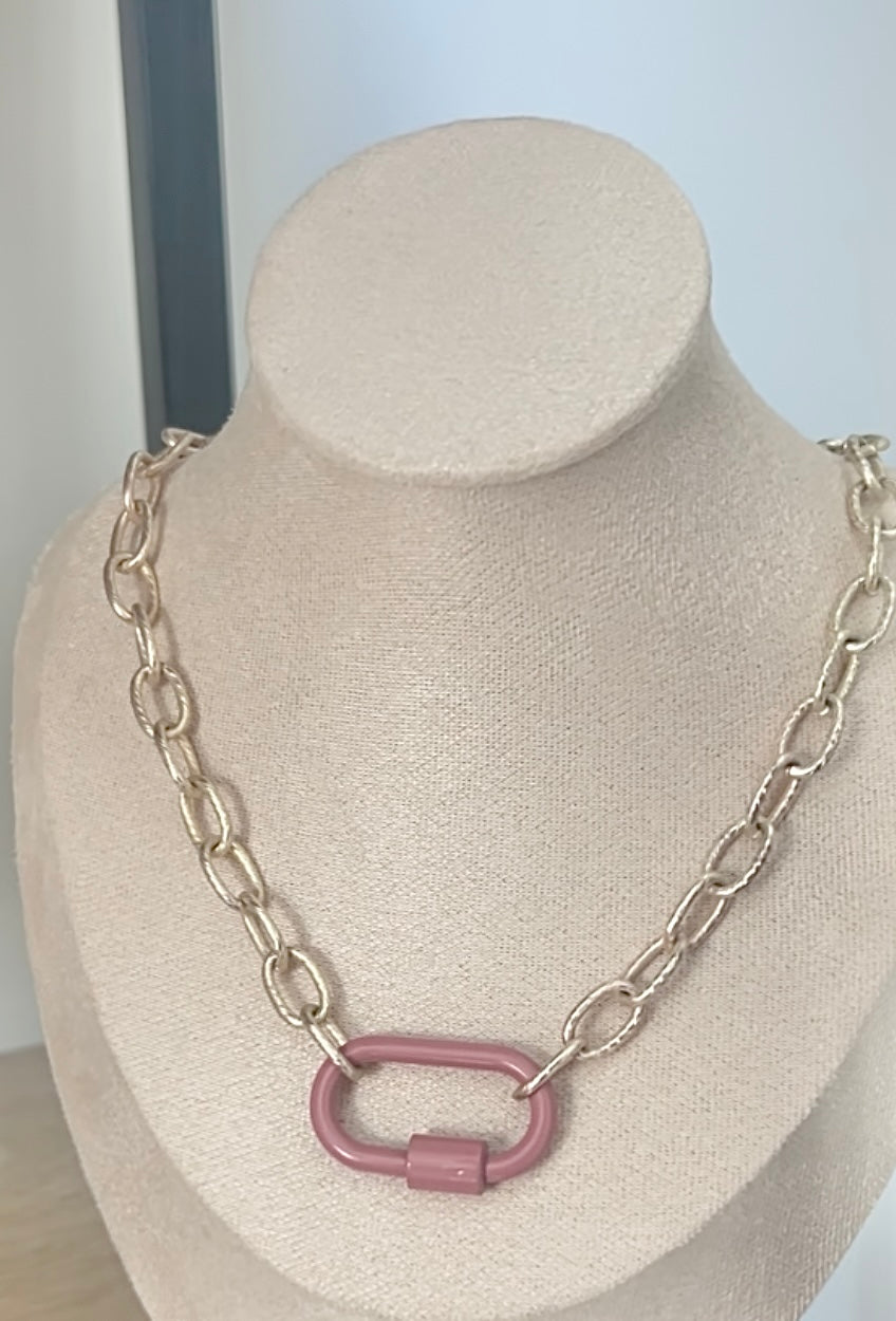 Pink Carabiner Silver Chain Link Necklace