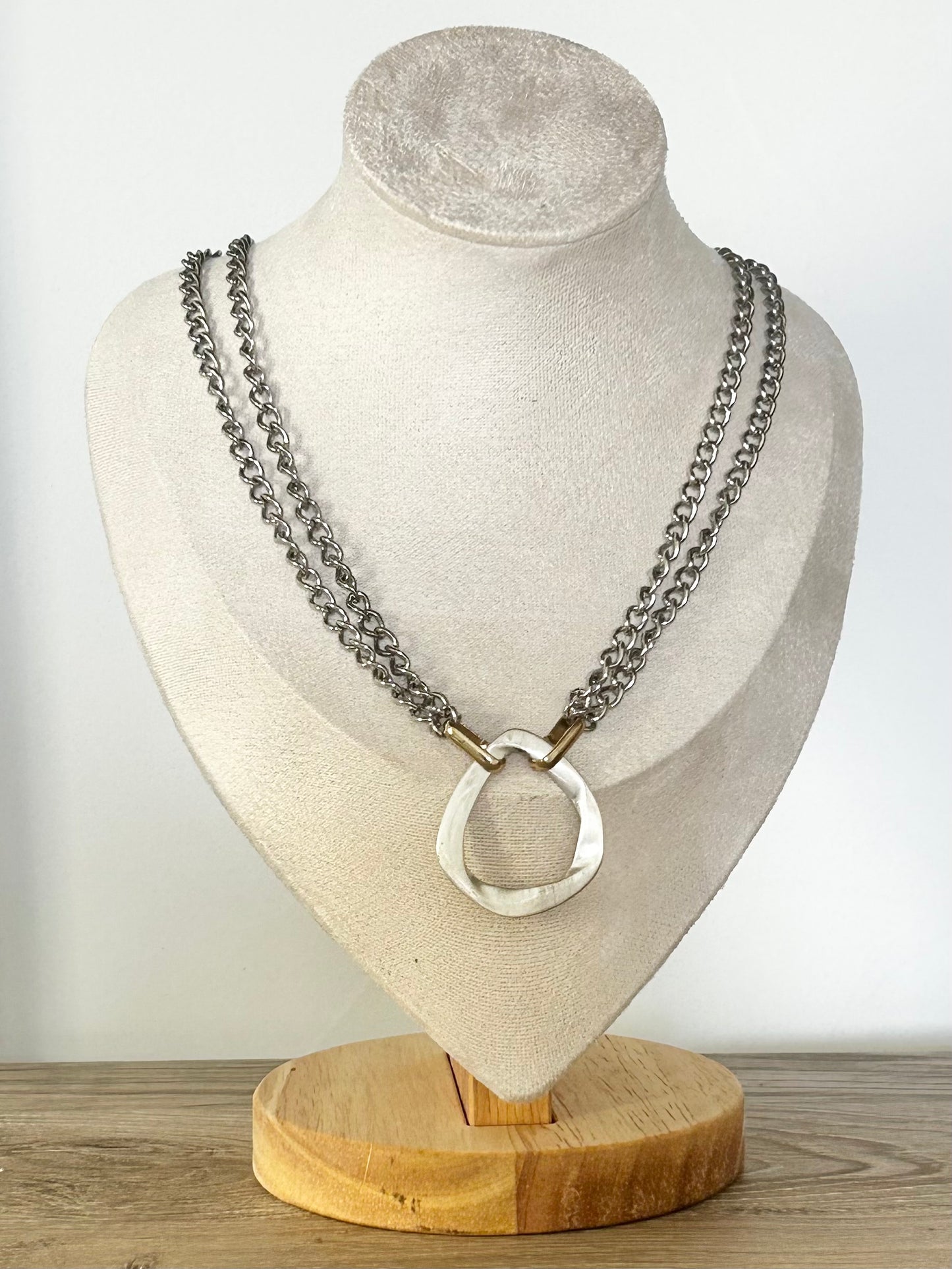 Handmade | Multi-strand Two-Toned Necklace with Silver Plated Geometric Pendant