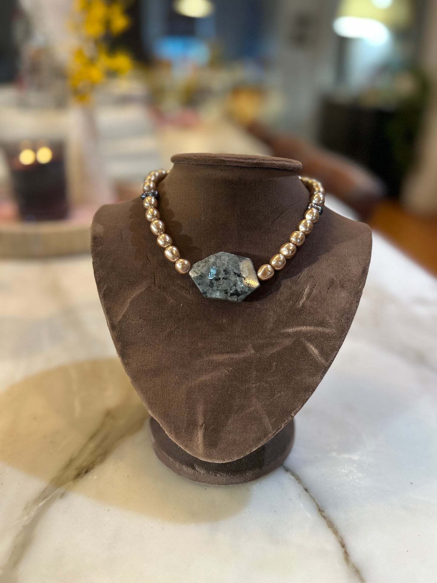 Mixed Freshwater Pearls with Grey Stone Pendant Necklace