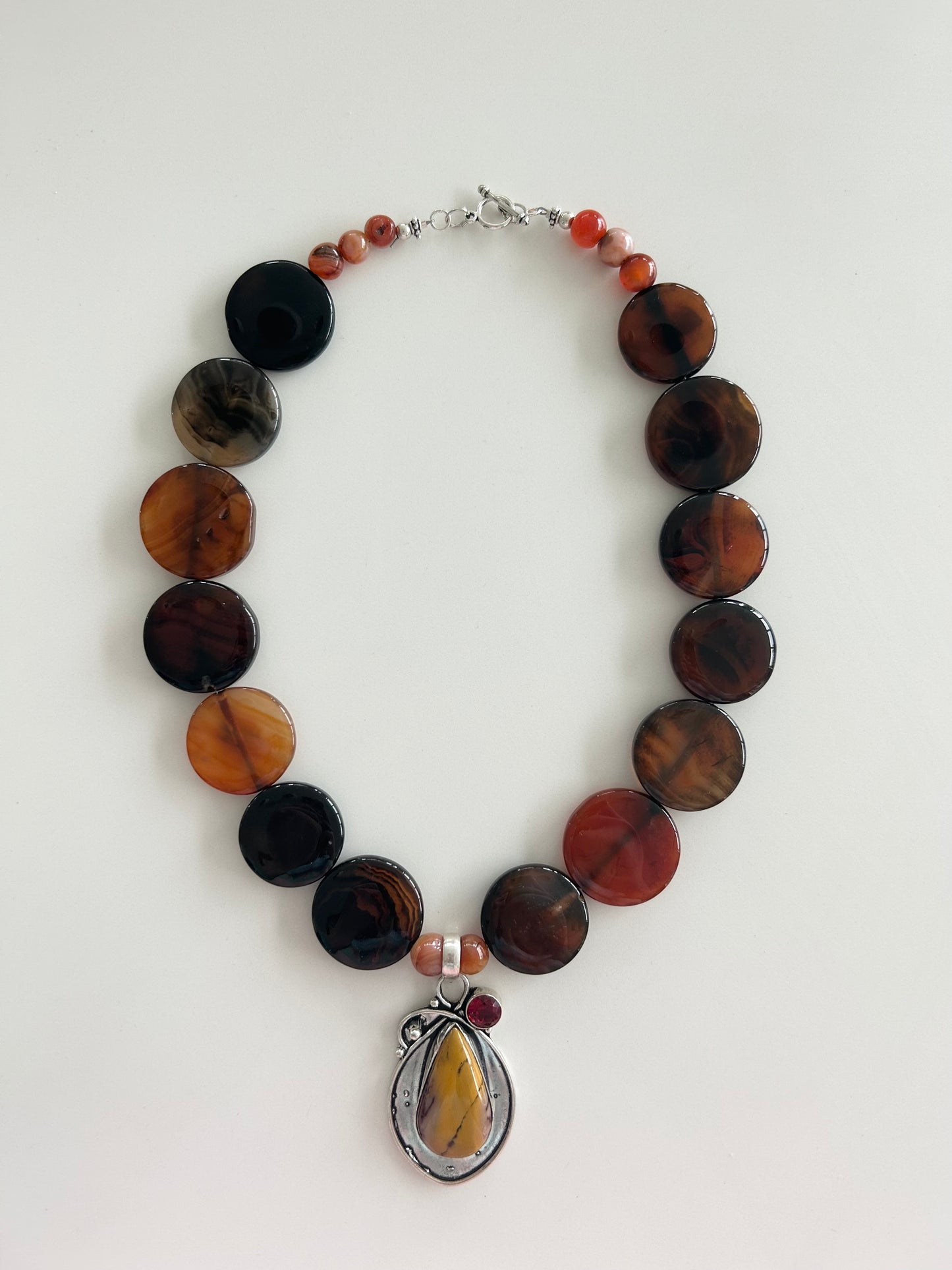 Vintage | 1980s Sterling Silver 925 Mookaite Jasper Garnet Pendant | Glass Beads Statement Necklace