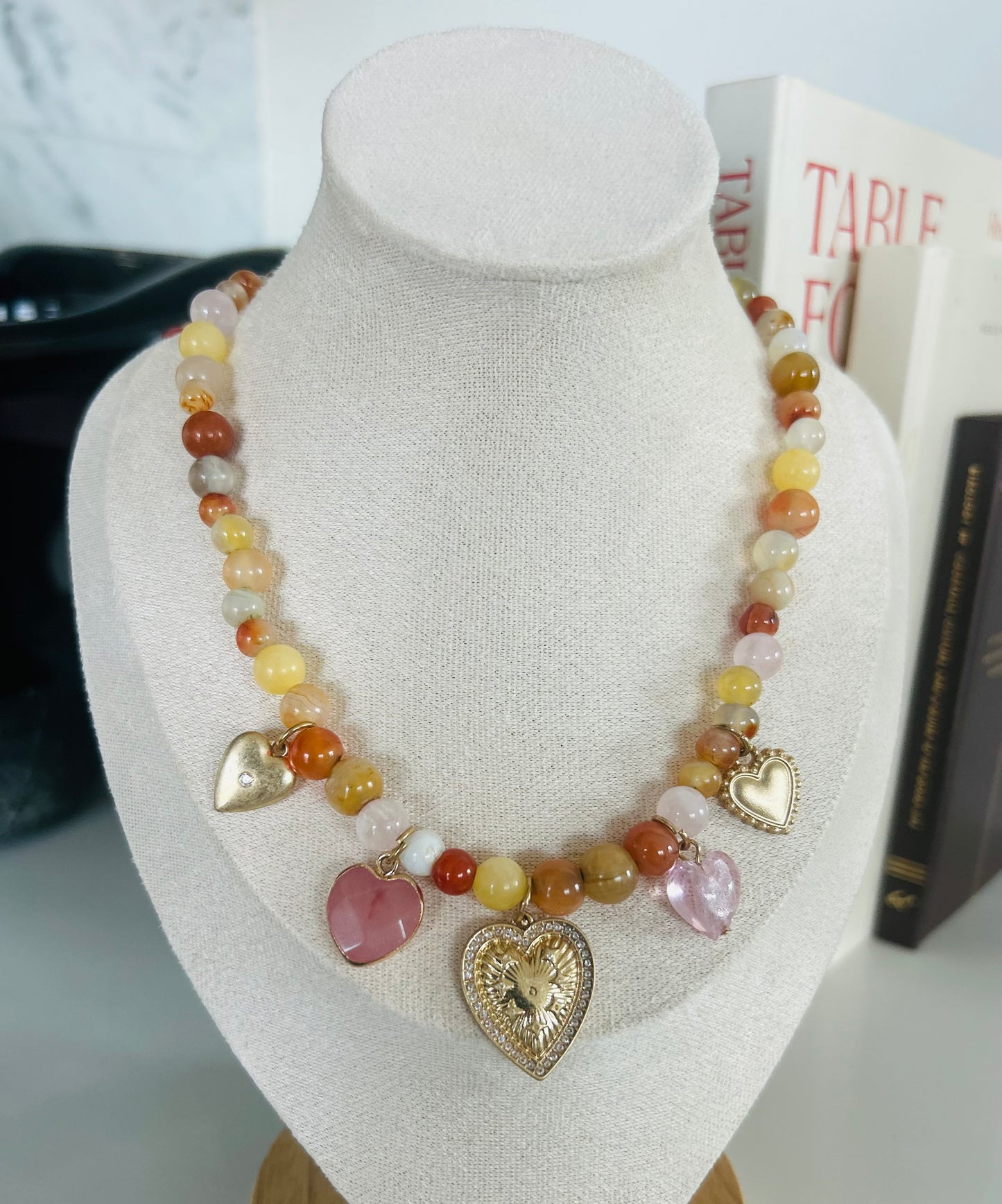Orange Yellow Agate Semiprecious Gemstone Beaded Charm Necklace