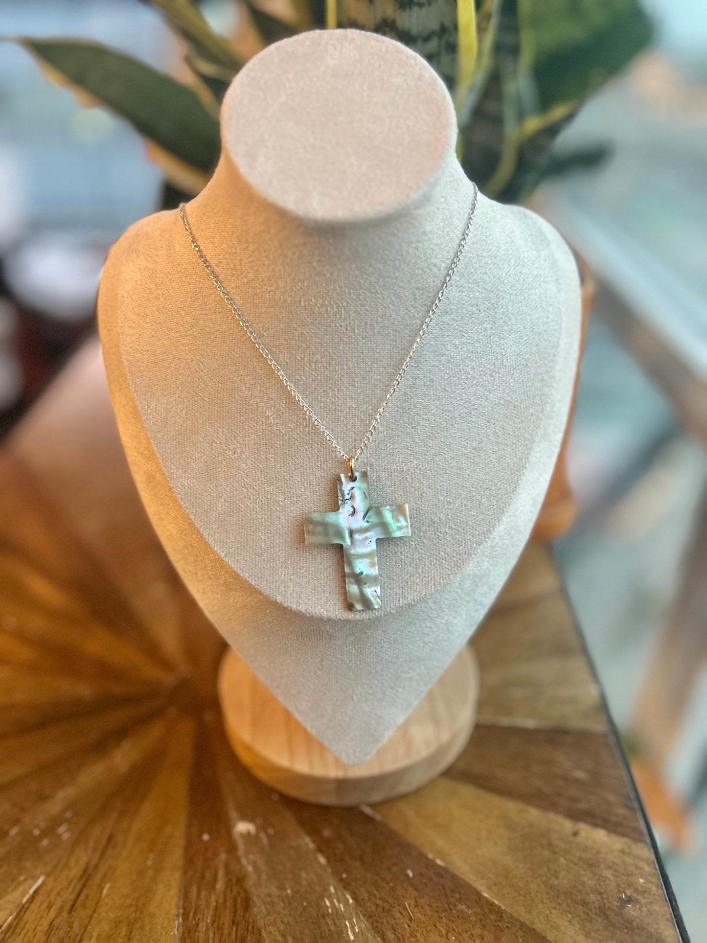 Fine Sterling Silver Chain Abalone Cross Necklace