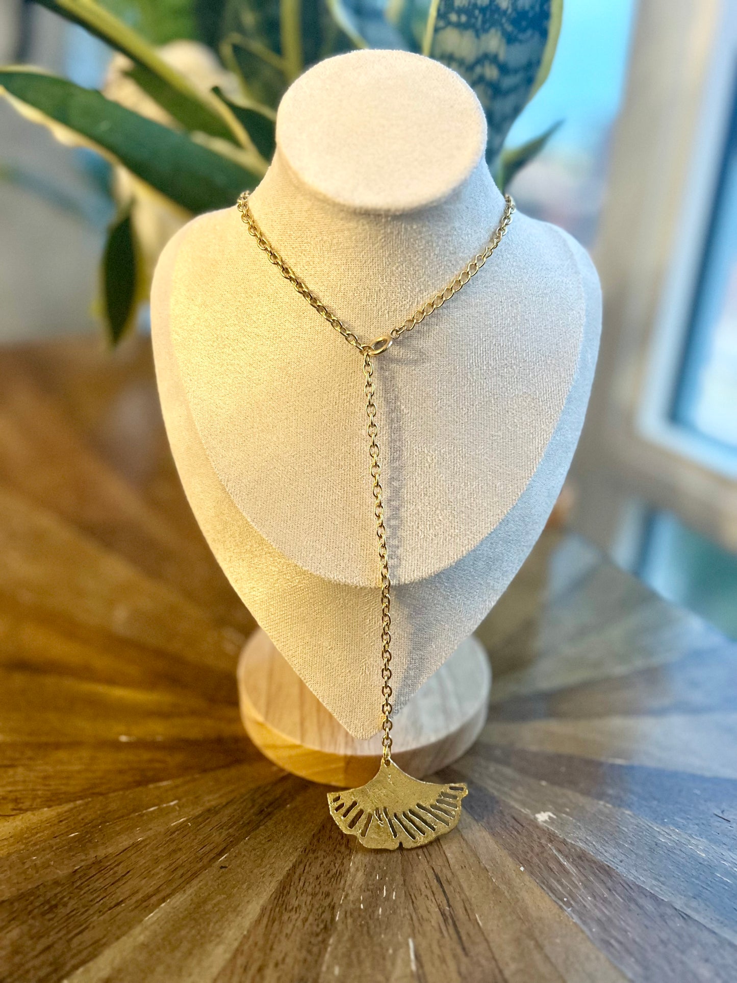 Gold Plated Long Adjustable Chain Leaf Pendant