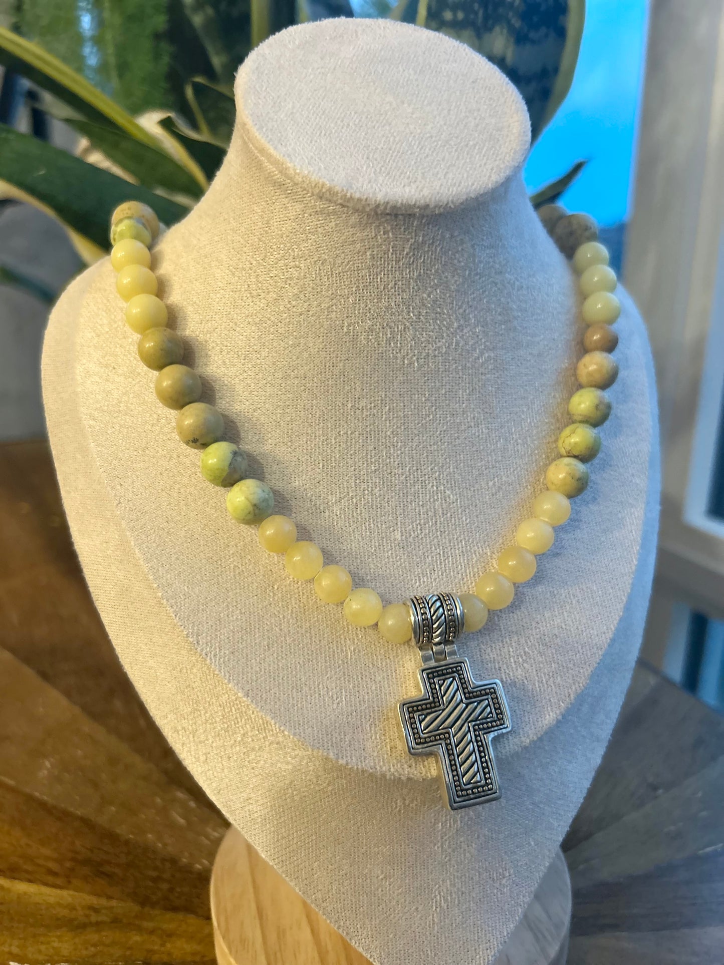 Cross Pendant Yellow Stone Beaded Necklace