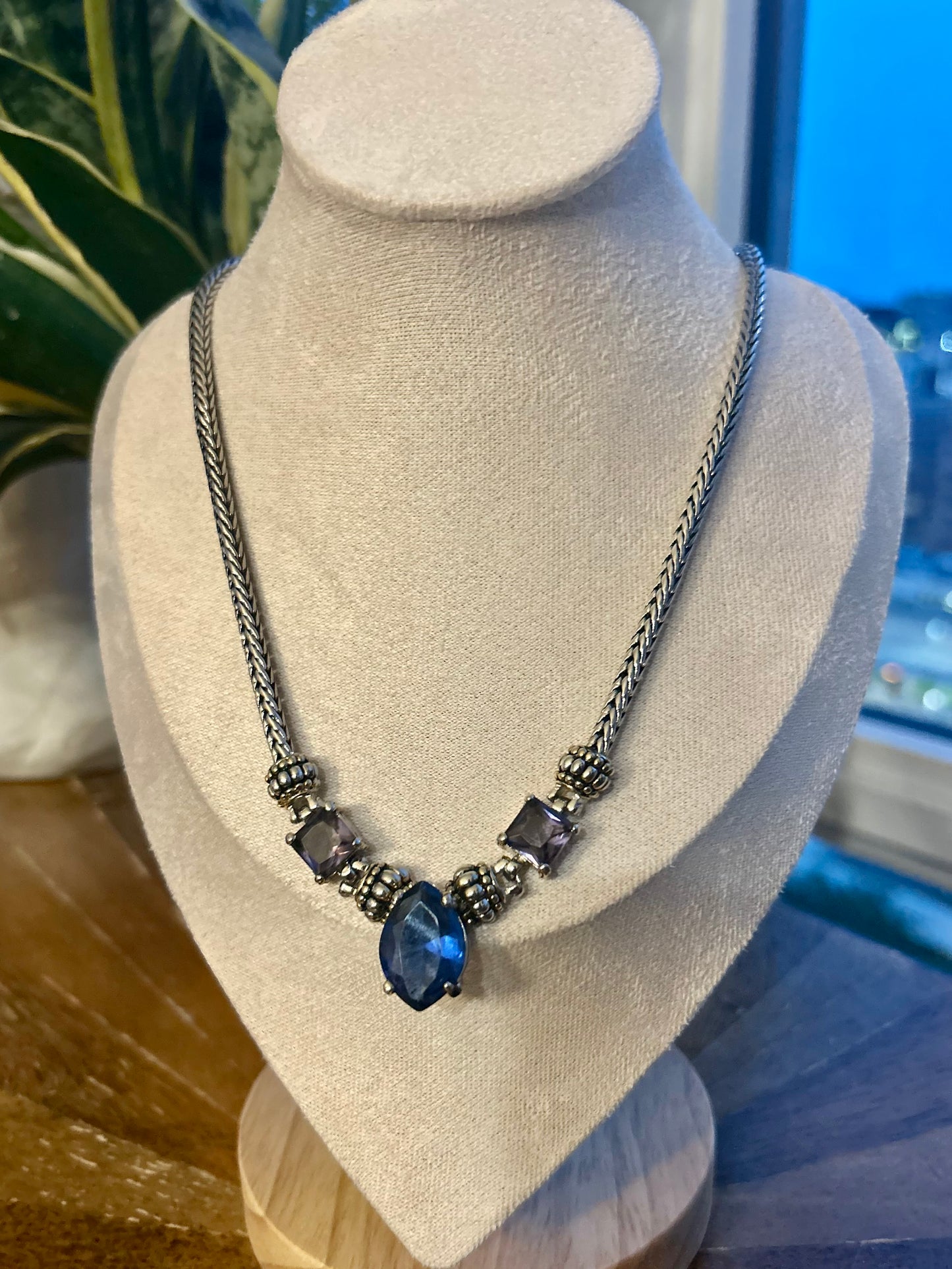 Vintage | Silver Cable Chain Blue & Purple Glass Pendant Necklace