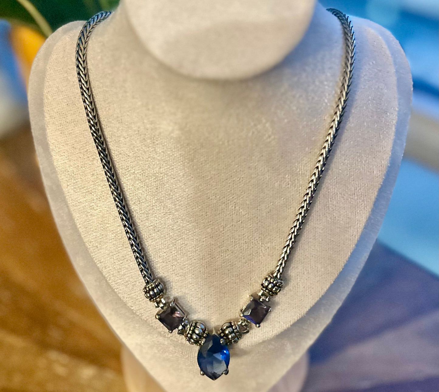 Vintage | Silver Cable Chain Blue & Purple Glass Pendant Necklace