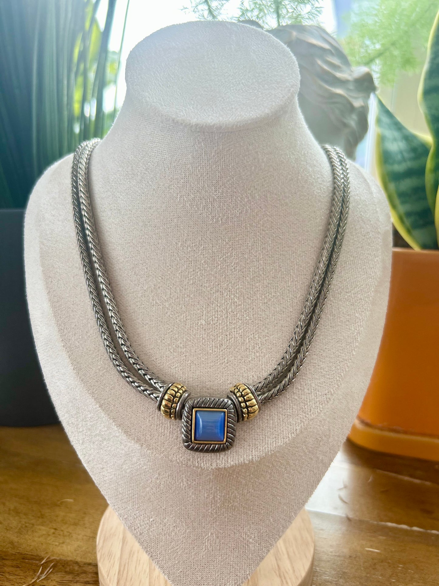 Signed Estate Silver Gold Tone Cable Chain Blue Glass Necklace
