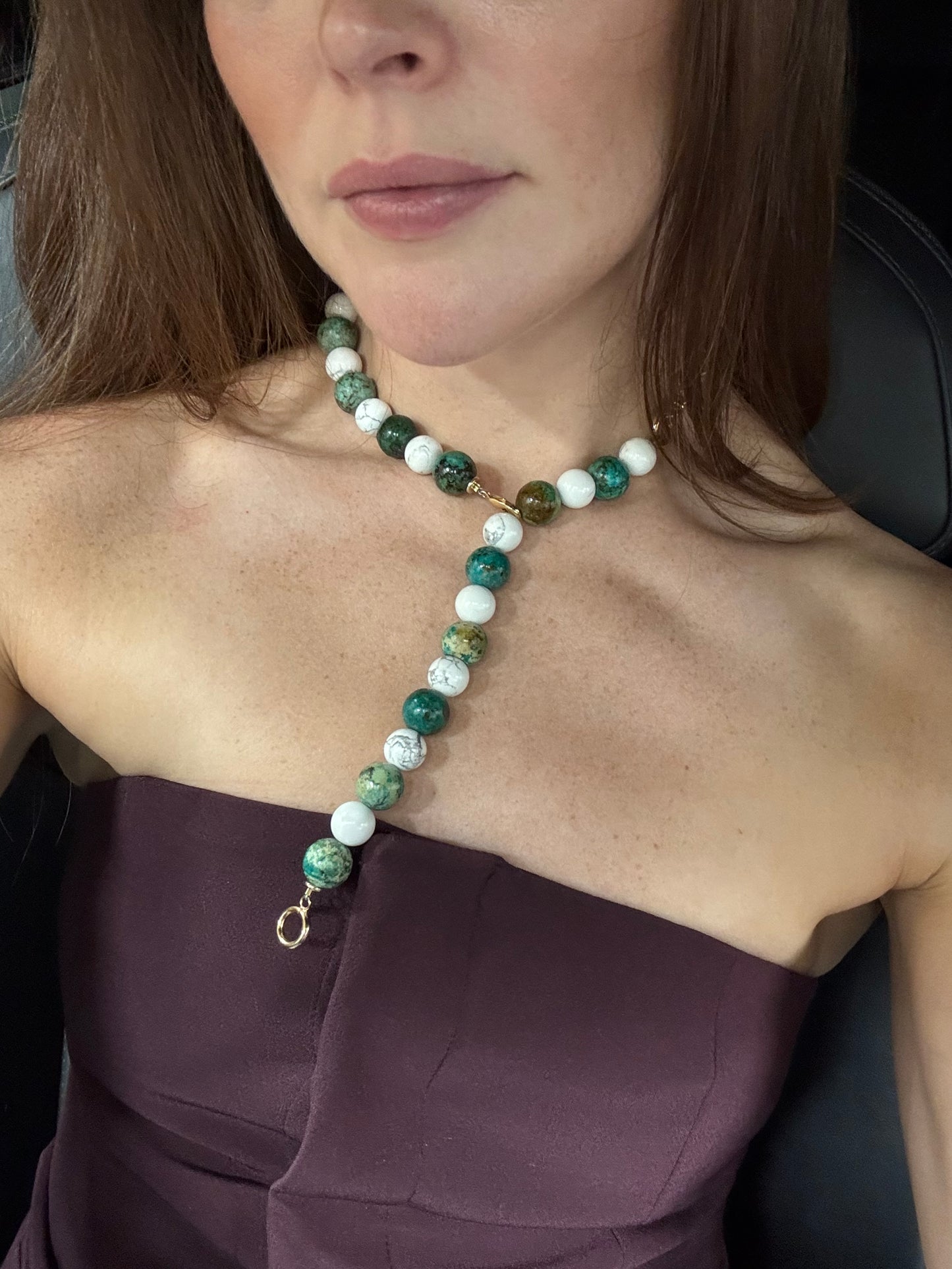 White and Green Stone Chain Necklace