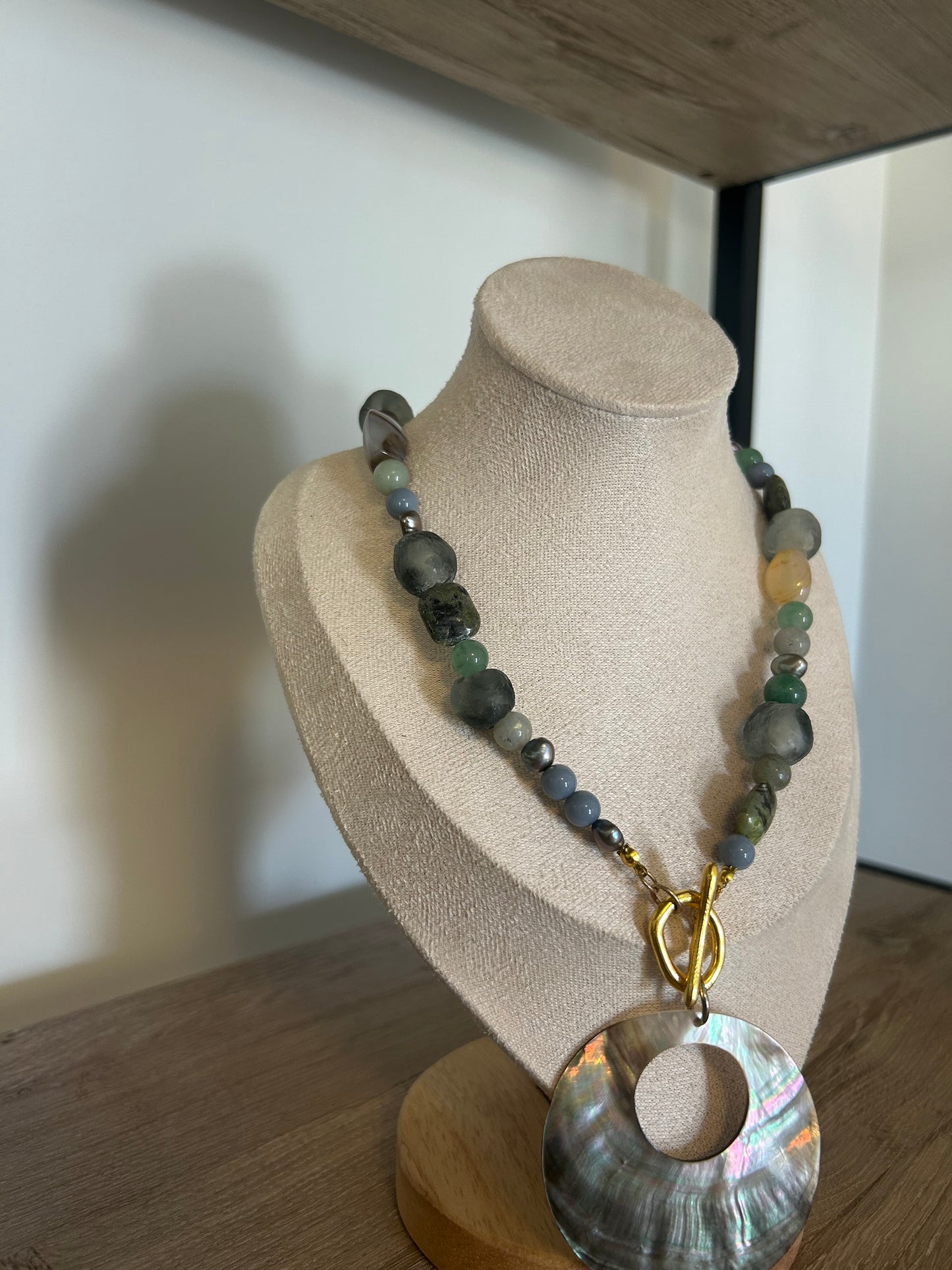Abalone Shell Necklace with Mixed Freshwater Pearls, African Glass Beads, Agate Stones, and Jade Stones