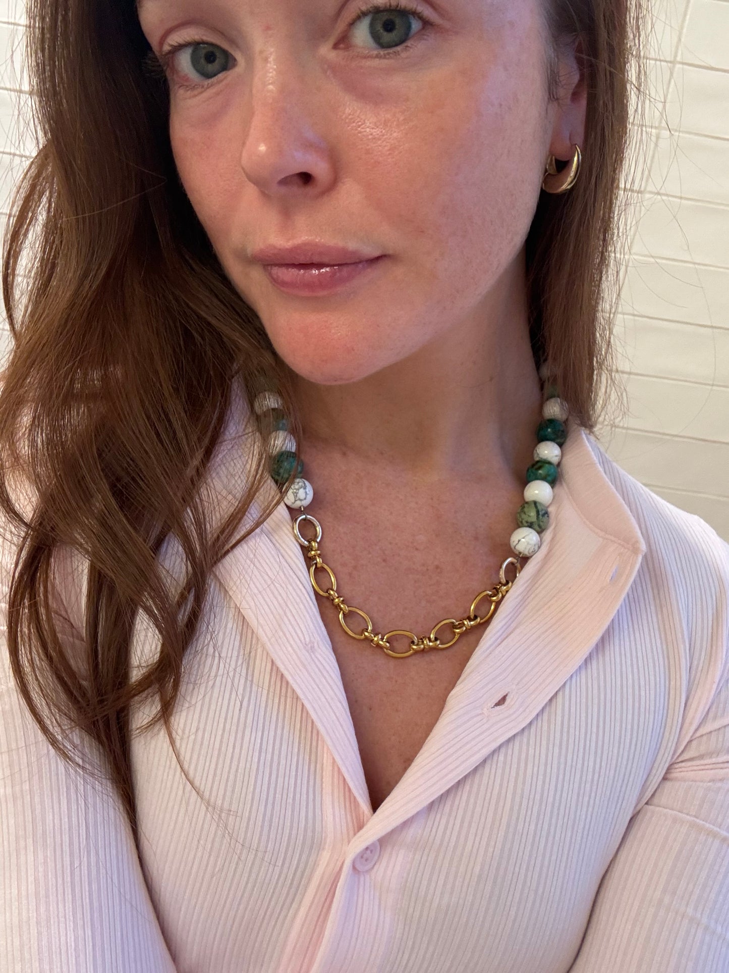 White and Green Stone Chain Necklace