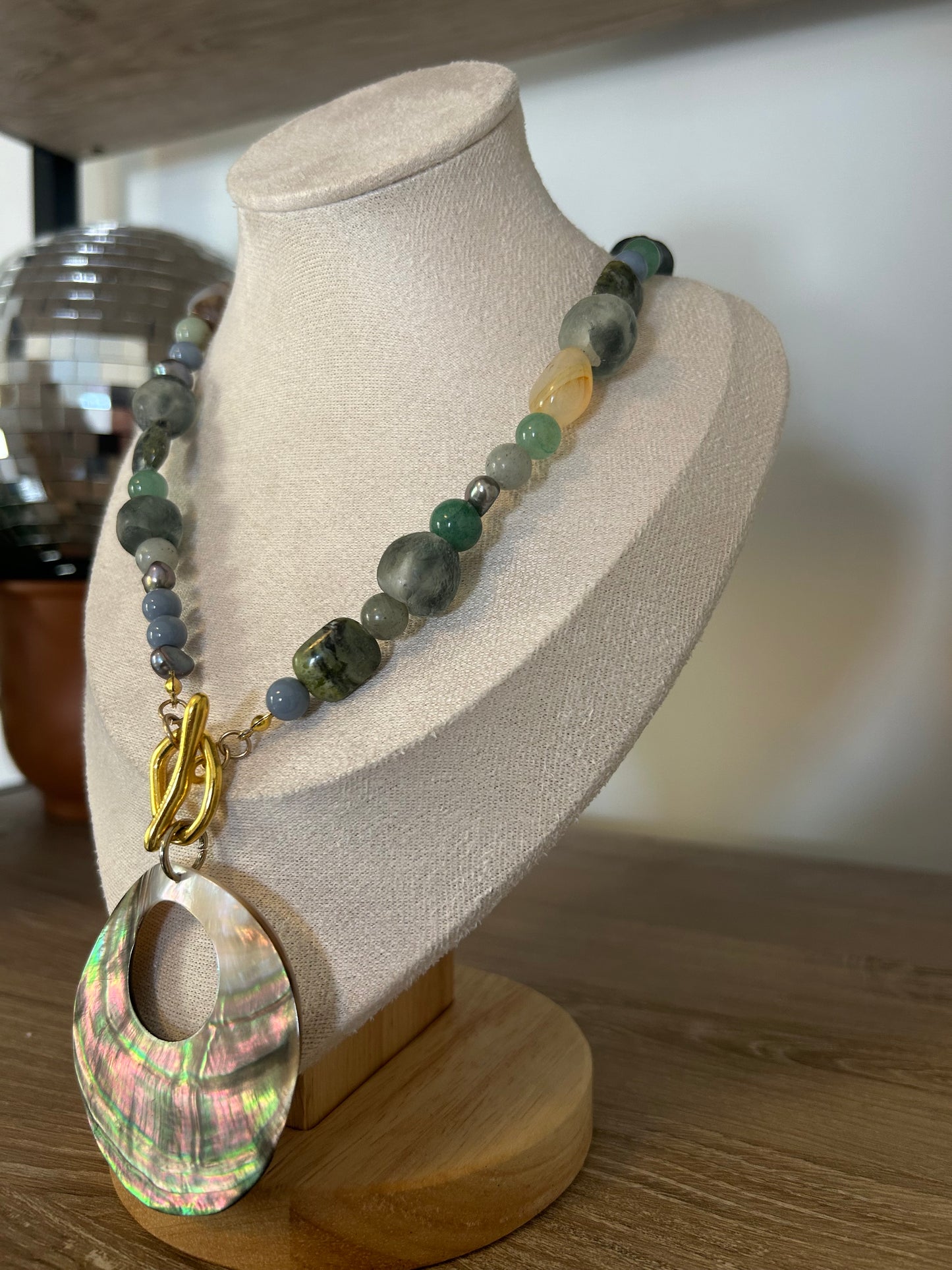 Abalone Shell Necklace with Mixed Freshwater Pearls, African Glass Beads, Agate Stones, and Jade Stones