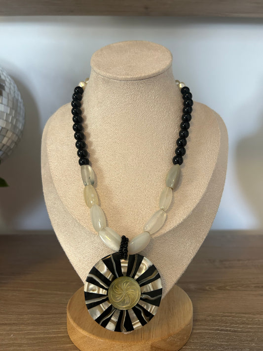 Abalone Medallion Mother of Pearl Shell and Agate Semiprecious Stone Necklace