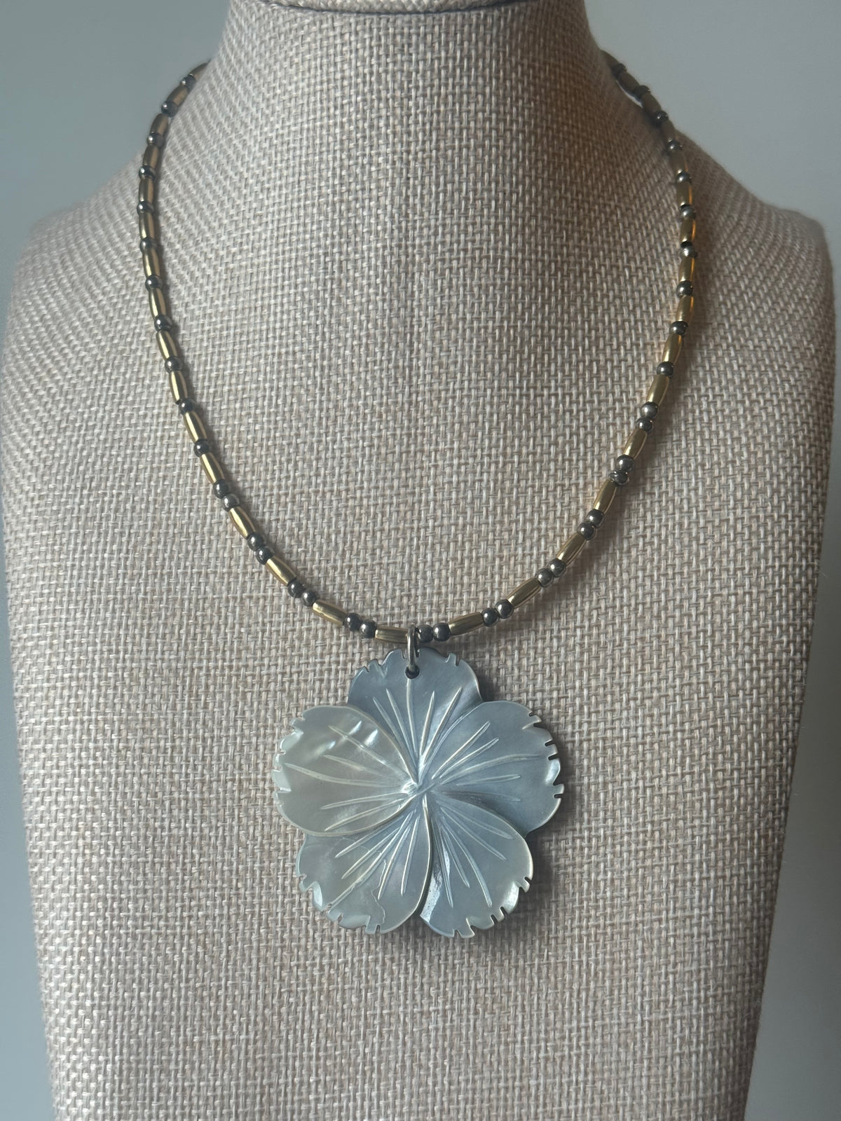 Carved Blue & Brown Two Sided Mother of Pearl Flower Pendant Necklace