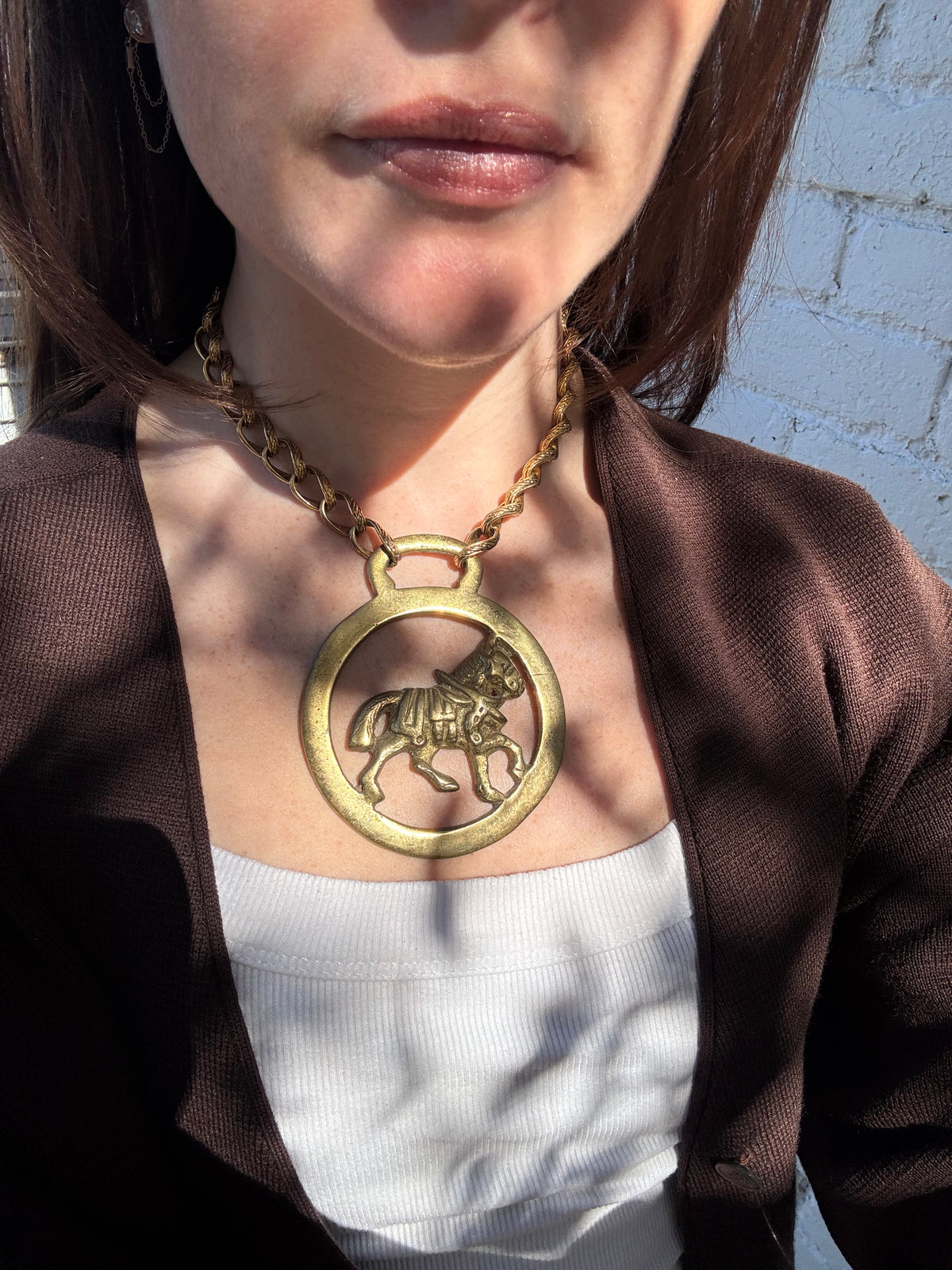 Antique Brass Horse Medallion Chain Necklace