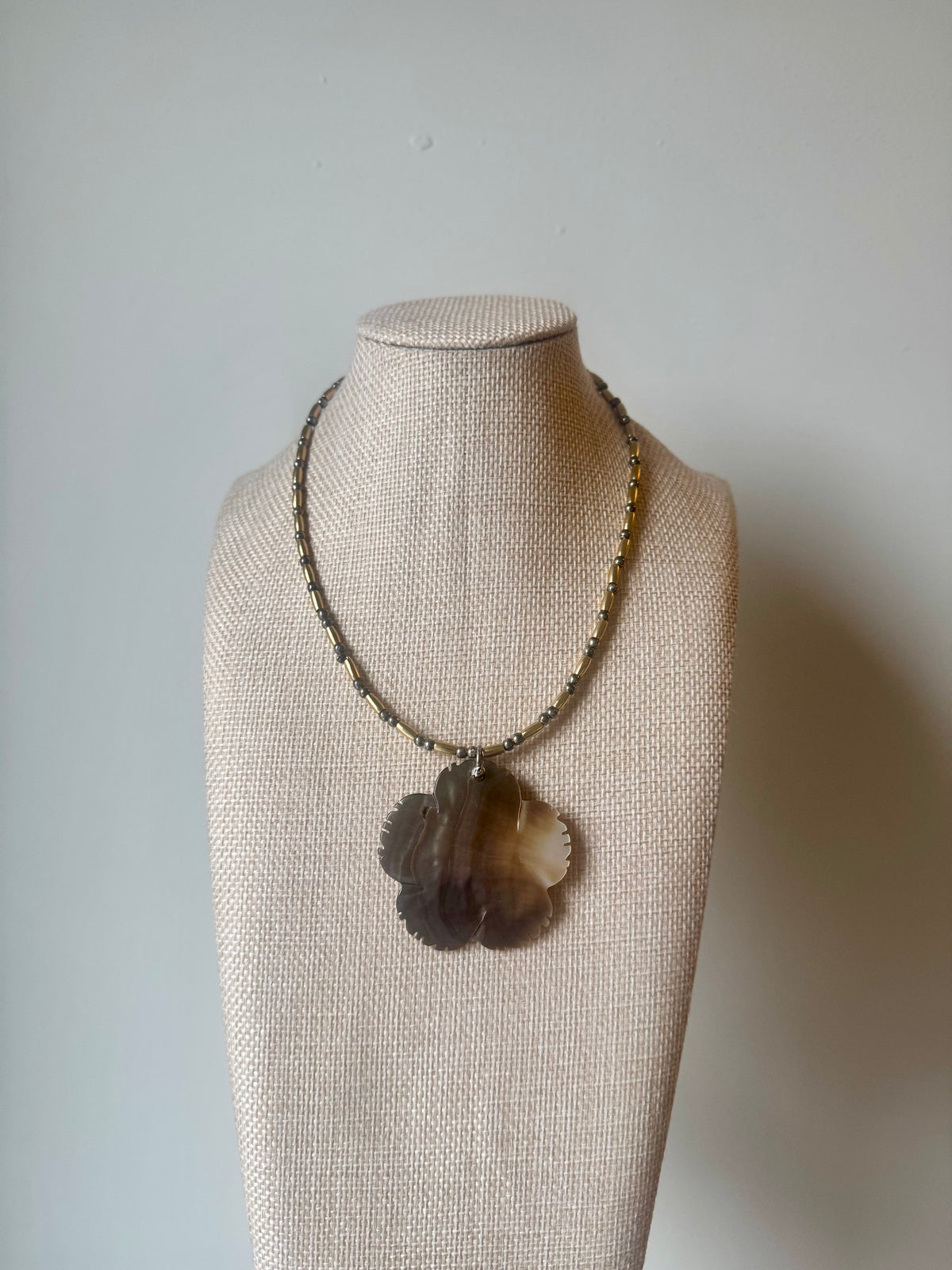 Carved Blue & Brown Two Sided Mother of Pearl Flower Pendant Necklace