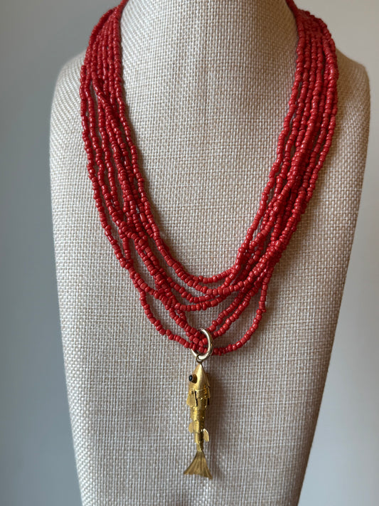 Red Multi-Strand Small Beaded Necklace with Gold Layered Fish Pendant