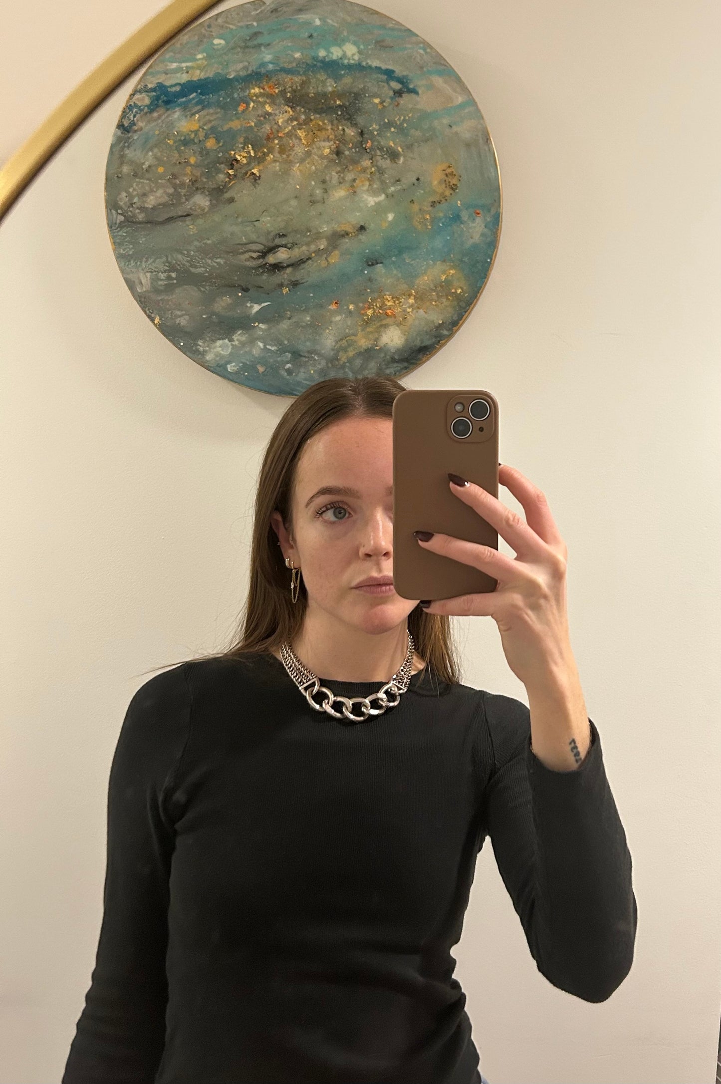 Silver Plated 5 Strand Chain Link Necklace Matte one side Gems one side