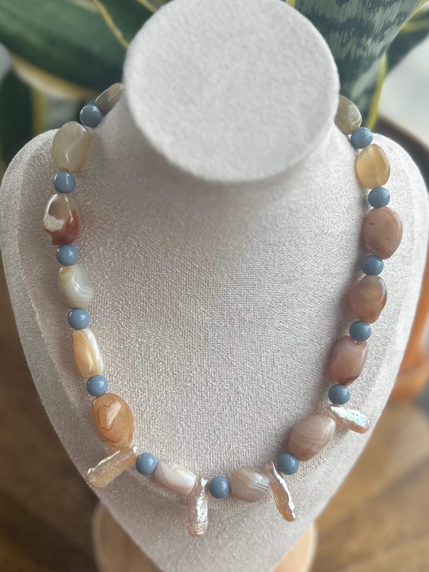 Semi-Precious Multi-Stone Polished Agate Quartz Blue Bead and Long Freshwater Pearl Necklace