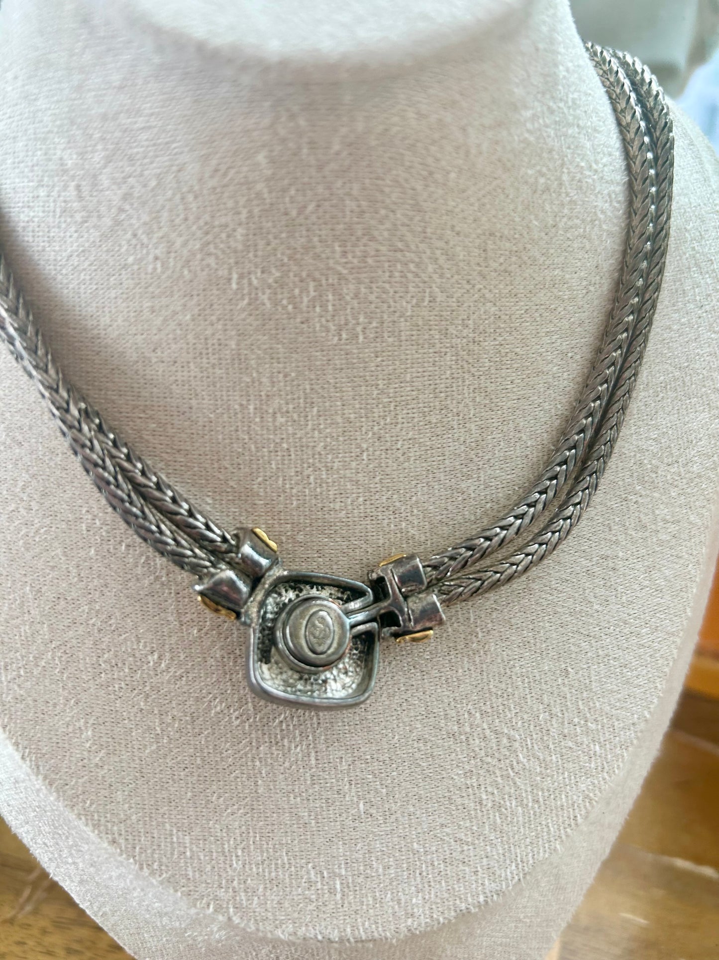 Signed Estate Silver Gold Tone Cable Chain Blue Glass Necklace