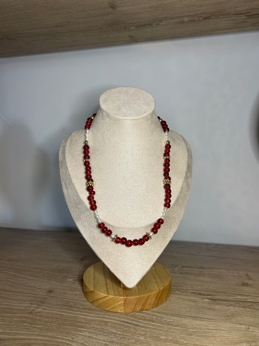 Vintage Red Glass Beads and Ornate Brass Cross Necklace