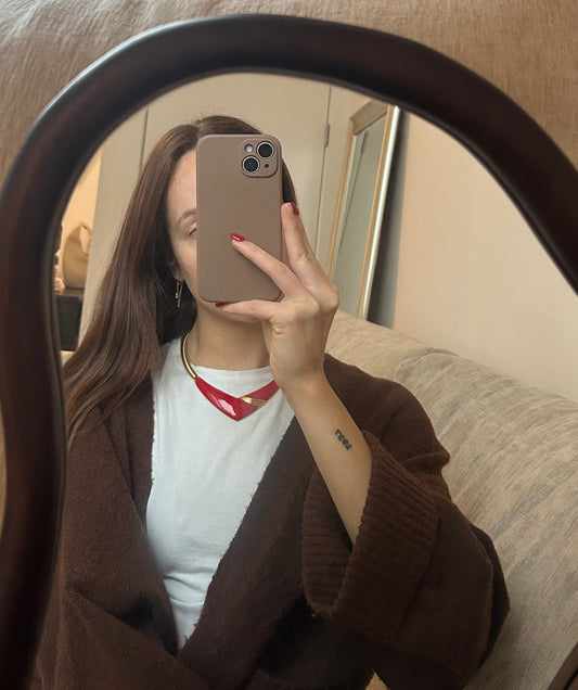 Signed Monet | Gold Tone Stretch Snake Necklace Red Enamel V Shape Front Choker