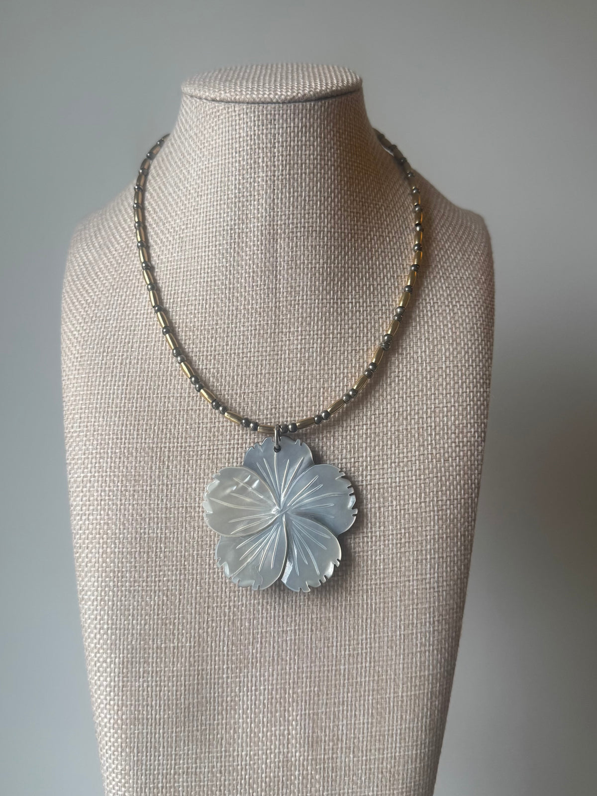 Carved Blue & Brown Two Sided Mother of Pearl Flower Pendant Necklace