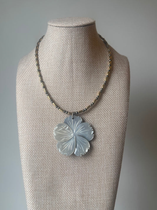 Carved Blue & Brown Two Sided Mother of Pearl Flower Pendant Necklace