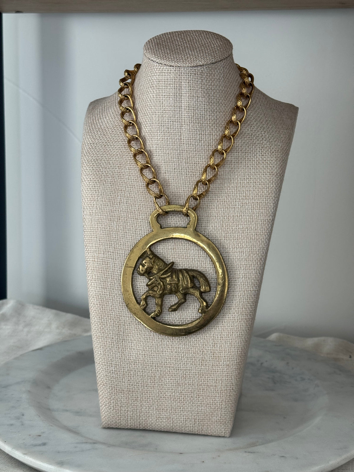 Antique Brass Horse Medallion Chain Necklace
