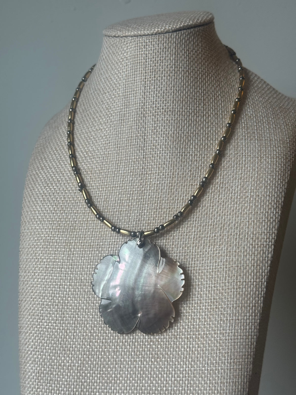 Carved Blue & Brown Two Sided Mother of Pearl Flower Pendant Necklace