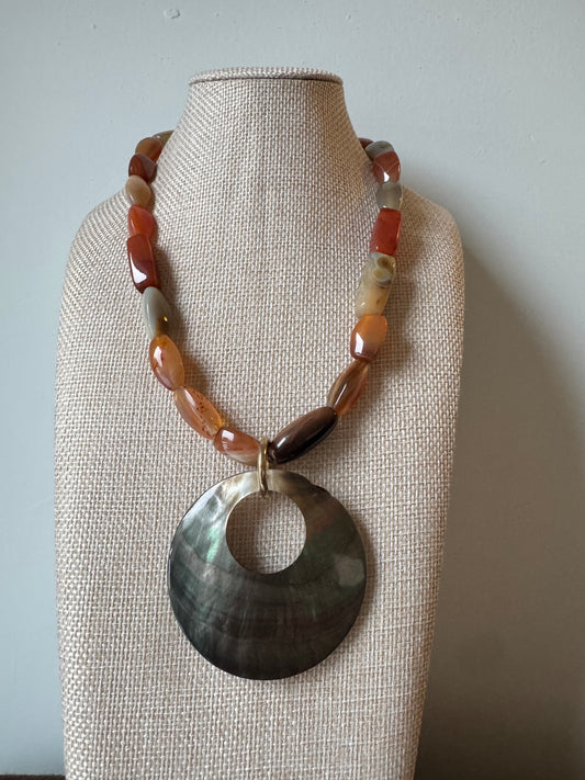Handmade | One of a Kind | Vintage Agate Stone Necklace with Abalone Shell Pendant