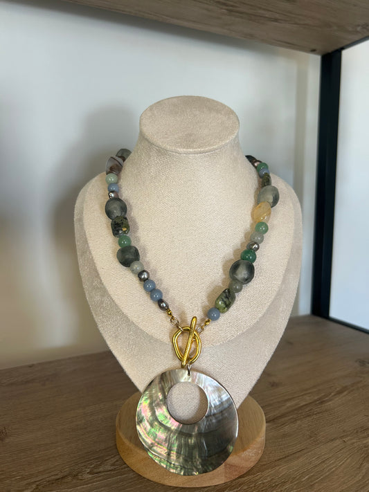 Abalone Shell Necklace with Mixed Freshwater Pearls, African Glass Beads, Agate Stones, and Jade Stones