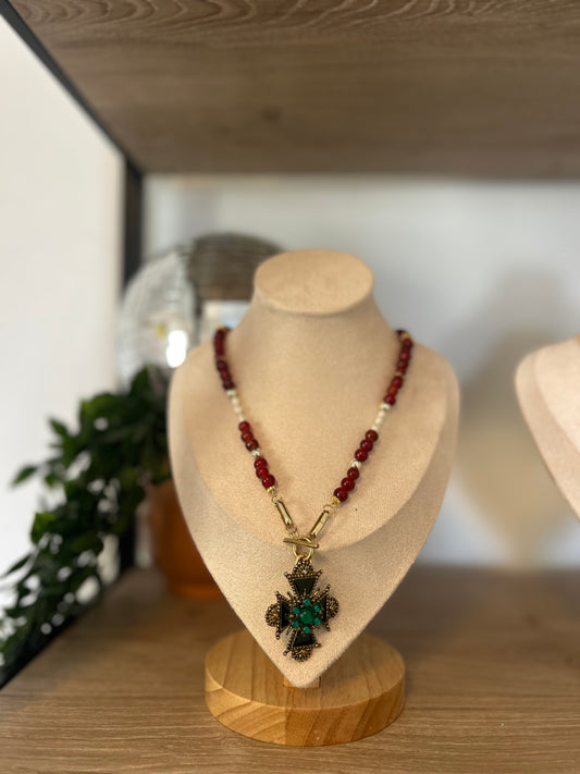Vintage Red Glass Beads and Ornate Brass Cross Necklace
