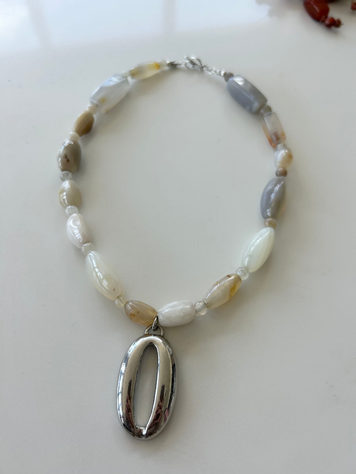 Neutral Semi Precious Agate Gemstone Silver Plated Oval Pendant Necklace