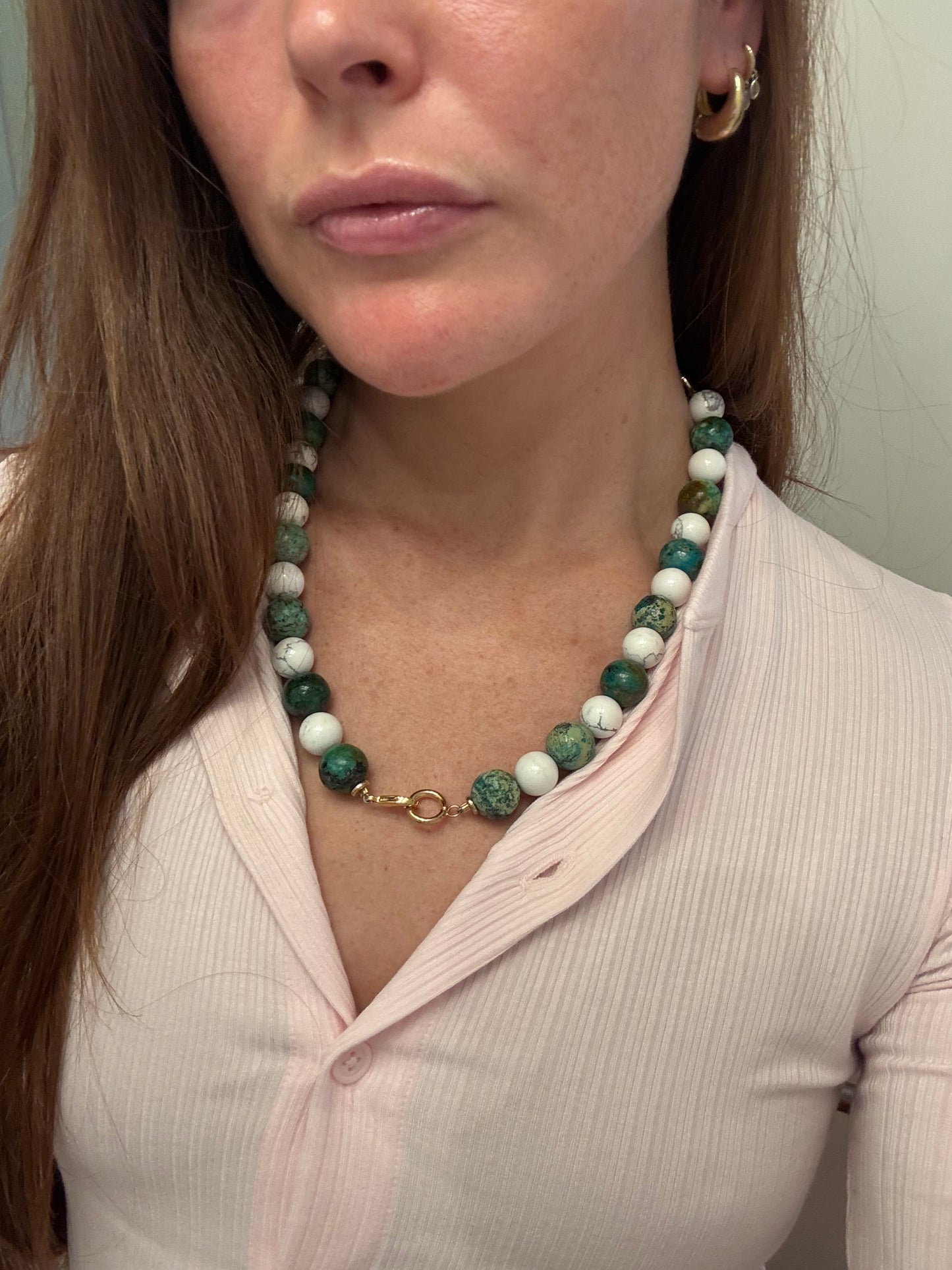 White and Green Stone Chain Necklace