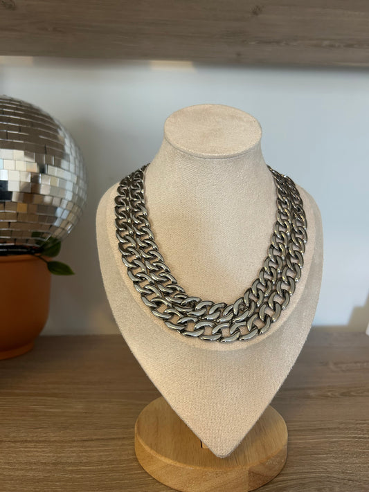 Silver Plated Wide Bib Choker Necklace