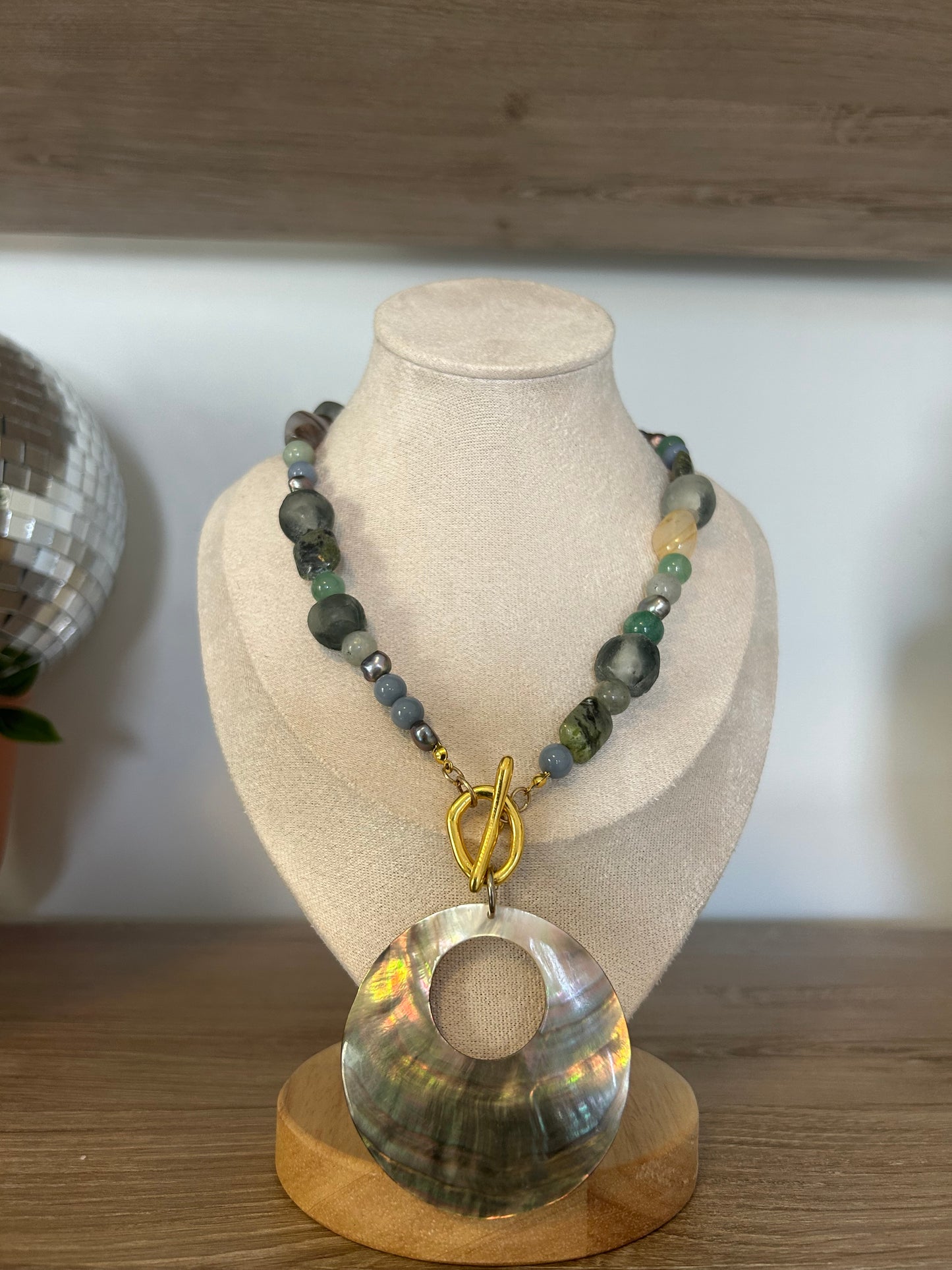 Abalone Shell Necklace with Mixed Freshwater Pearls, African Glass Beads, Agate Stones, and Jade Stones