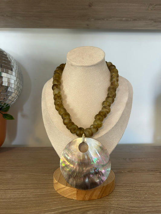 Abalone Shell Pendant and African Glass Bead Necklace